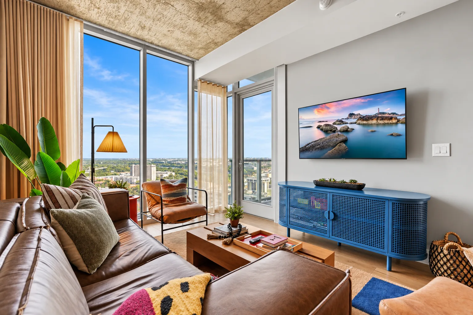 Living room with leather sofa, blue console, wall-mounted TV and windows overlooking the city